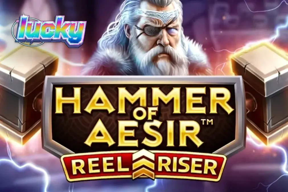 Giao diện trò chơi slot Hammer of Aesir với biểu tượng búa thần và các chiến binh Bắc Âu.